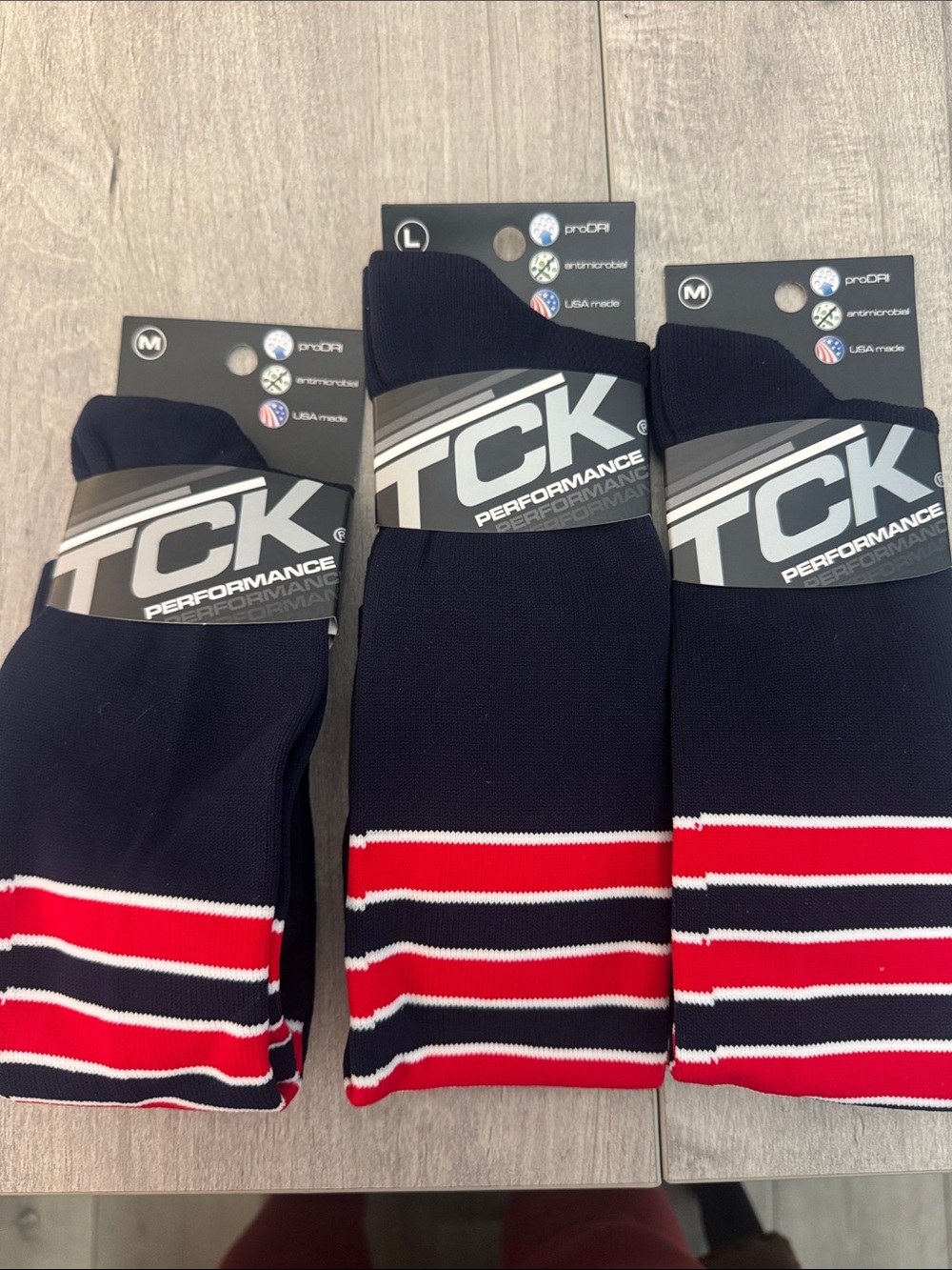 TCK Performance Athletic Crew Socks in Navy with Red & White Stripes